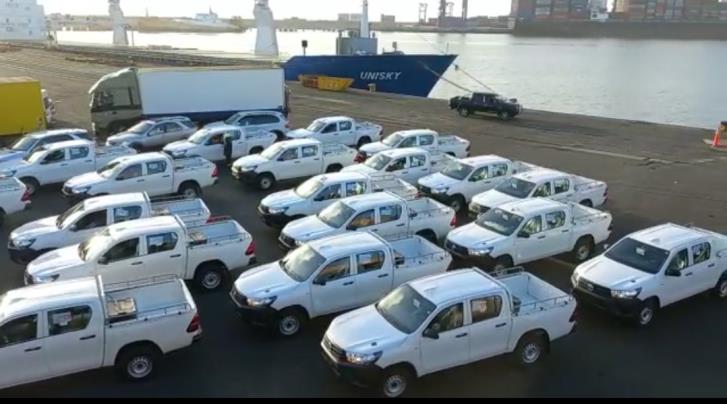 52 brand new pickup Toyota Hilux vehicles delivered at the Port of Walvis Bay for DRC